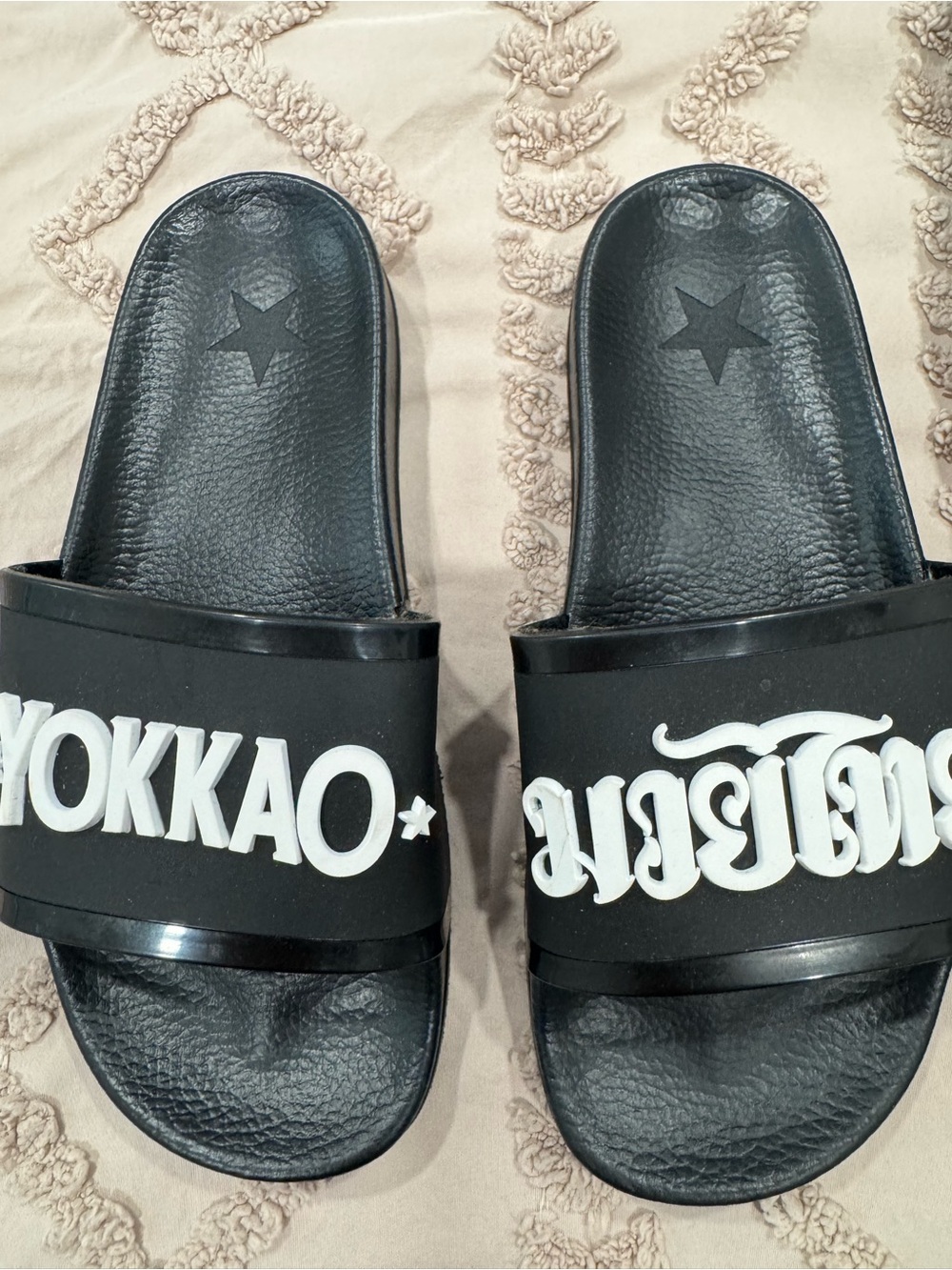 Unisex Yokkao Black Slide Sandals with White Logo in Thai. Size 38